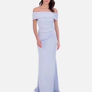 Eliza J Elegant Off-Shoulder Faux Pearl Embellished Periwinkle Dress